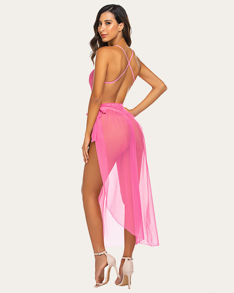 Pink lace spaghetti bodysuit with sheer mesh skirt and tie side