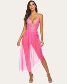 Pink lace deep V bodysuit with sheer mesh skirt and side slit