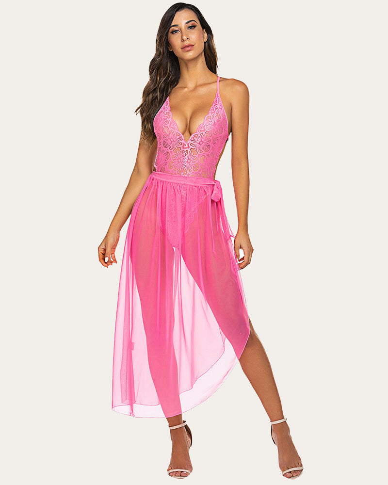 Pink lace deep V bodysuit with sheer mesh skirt and side slit