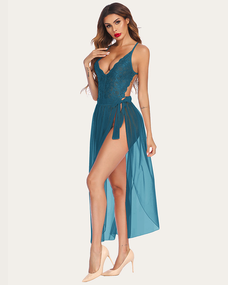 Teal lace bodysuit with deep V neckline and flowing sheer mesh skirt