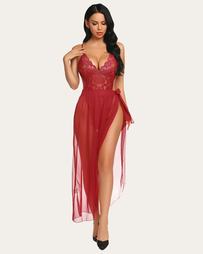 Red lace bodysuit with sheer mesh skirt and side ties