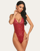 Red lace deep V bodysuit with scalloped cups