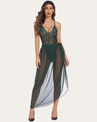 Dark green lace camisole bodysuit with sheer mesh wrap skirt