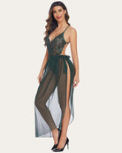 Dark green lace deep V bodysuit with sheer mesh skirt