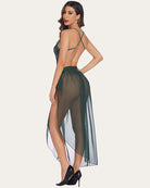 Dark green lace deep V bodysuit with draped sheer mesh skirt, strappy back
