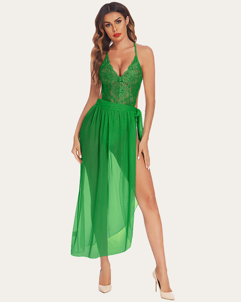 Green lace deep V bodysuit with sheer mesh skirt and spaghetti straps