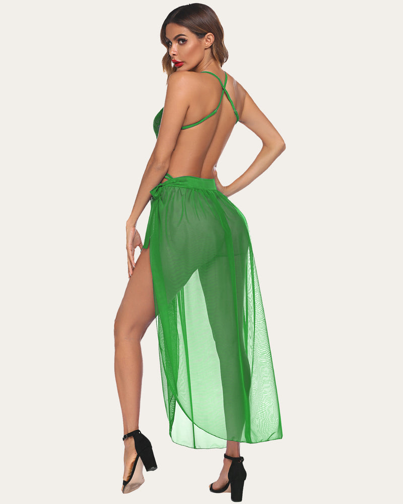 Green lace deep V bodysuit with flowing sheer mesh skirt, strappy back