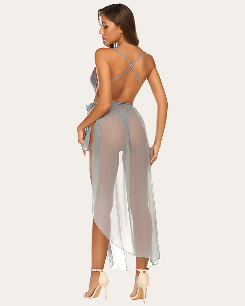 Light gray backless lace bodysuit with sheer mesh skirt