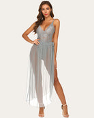 Light gray lace deep V bodysuit with sheer mesh skirt