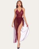 Burgundy lace deep V bodysuit with sheer mesh skirt overlay