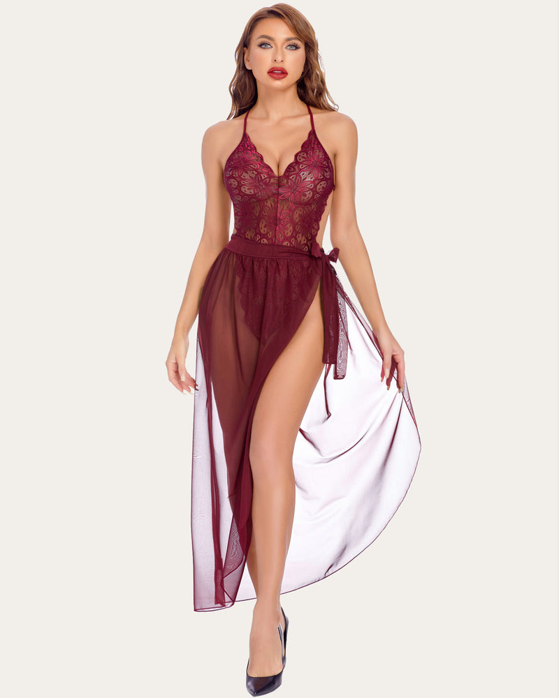 Burgundy lace deep V bodysuit with sheer mesh skirt overlay