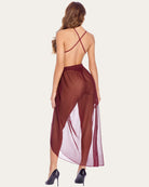 Back view of maroon lace bodysuit with crisscross straps and mesh skirt