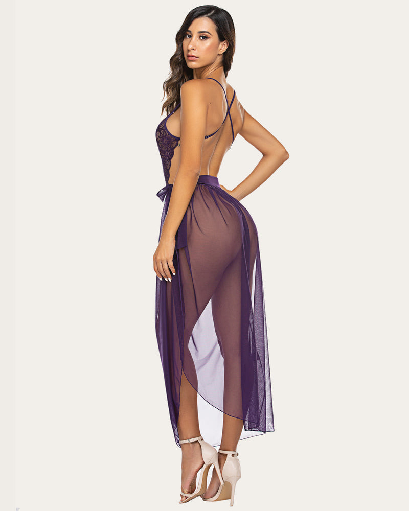 Back view purple lace bodysuit with tie waist sheer mesh skirt