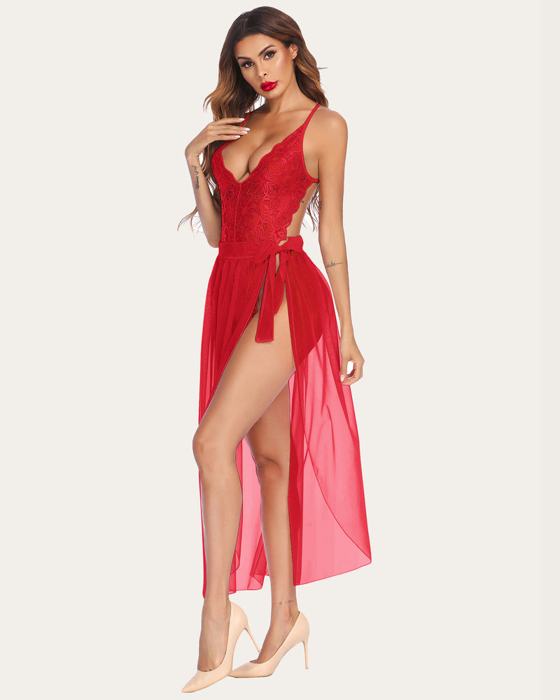 Red lace deep V bodysuit with long sheer mesh drape skirt and waist ties