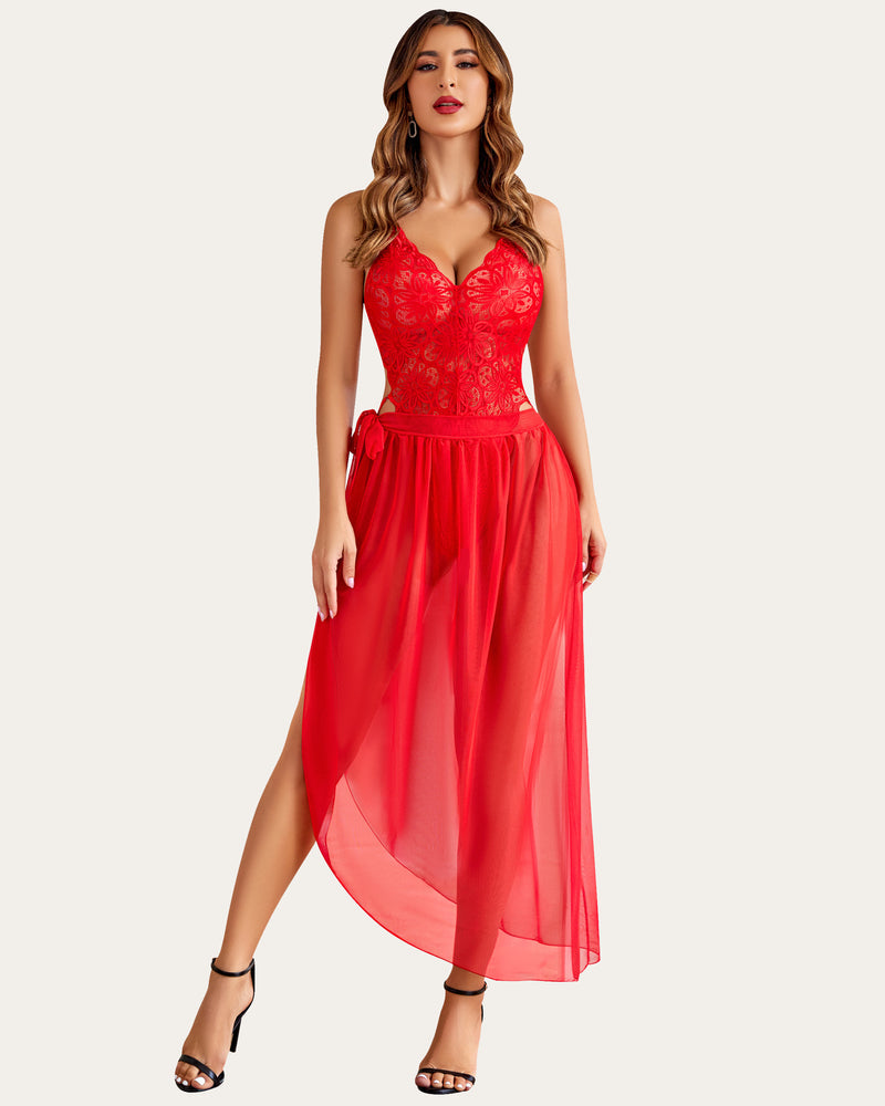 Red lace deep V bodysuit with tiered sheer mesh skirt and side slit