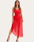 Red lace deep V bodysuit with tiered sheer mesh skirt and side slit
