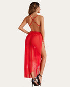 Red sheer mesh skirt with lace bodysuit back and crisscross strap detail