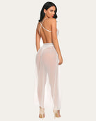 White deep V lace bodysuit with sheer mesh skirt and adjustable straps