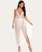 White lace deep V bodysuit with sheer mesh skirt and draped panels