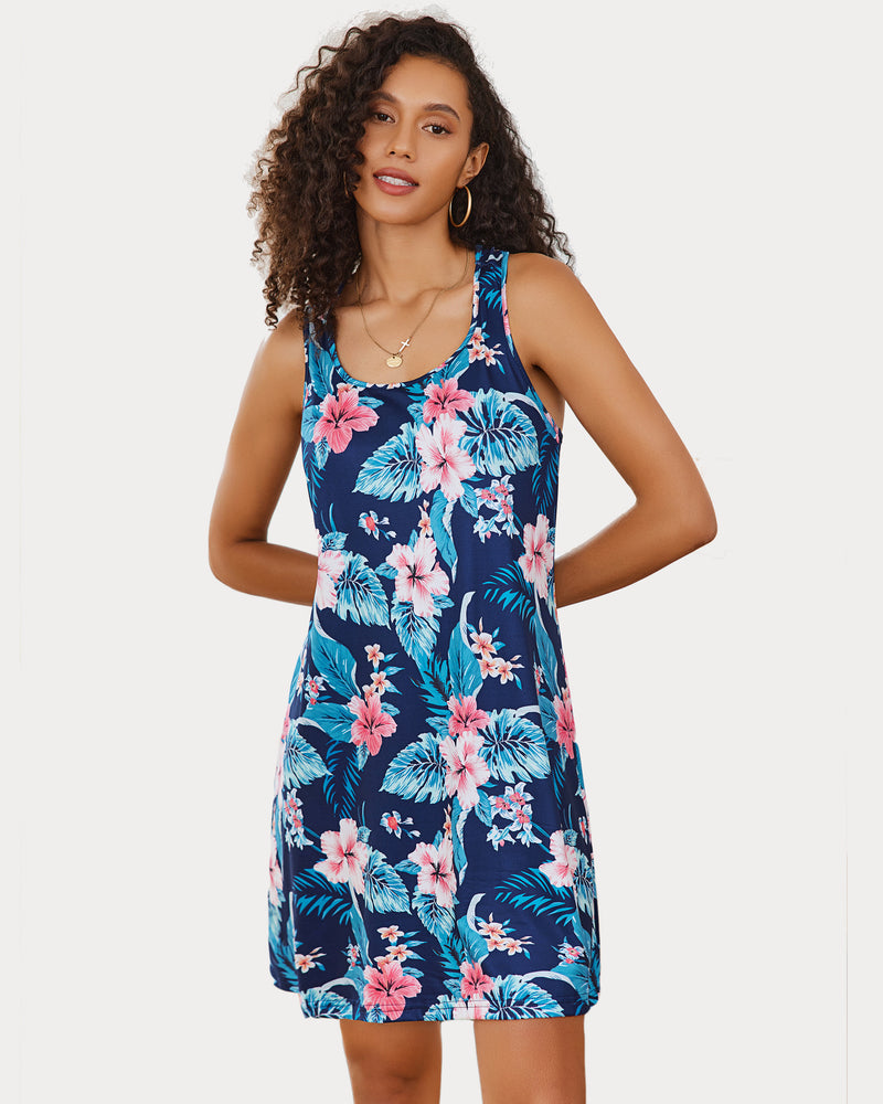 Racerback printed sleep dress in dark blue with pink and aqua floral pattern