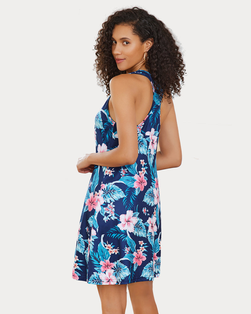 Racerback printed sleep dress, side view with dark blue and pink floral print