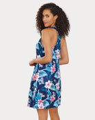 Navy racerback sleep dress with pink and blue floral print, back view