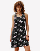 Black racerback sleep dress with pink and white butterfly print, sleeveless and flared hem