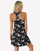 Black racerback sleep dress with butterfly print, open-back racer style and flared hem