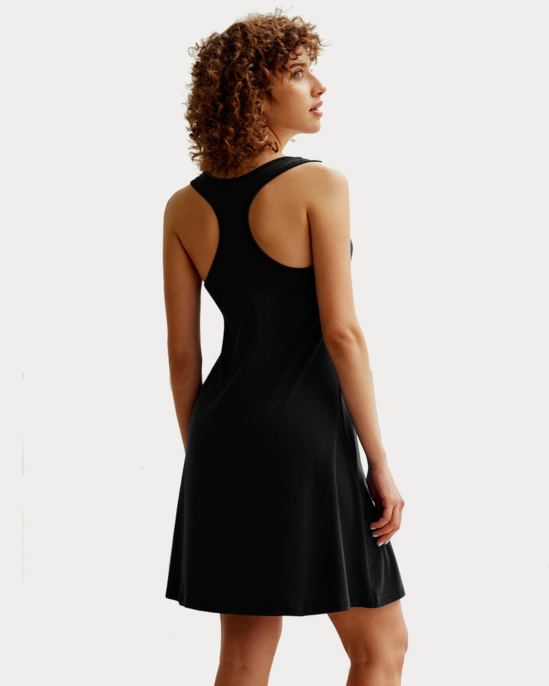 Black racerback tank nightgown dress, open-back racer straps, above-knee flare