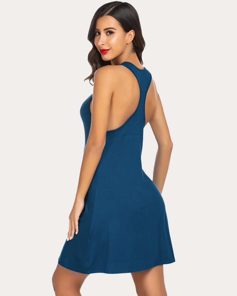 Blue racerback tank nightgown dress shown from the side, knee-length A-line