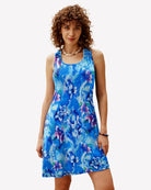 Sleeveless racerback sleep dress with blue watercolor floral print, straight hem