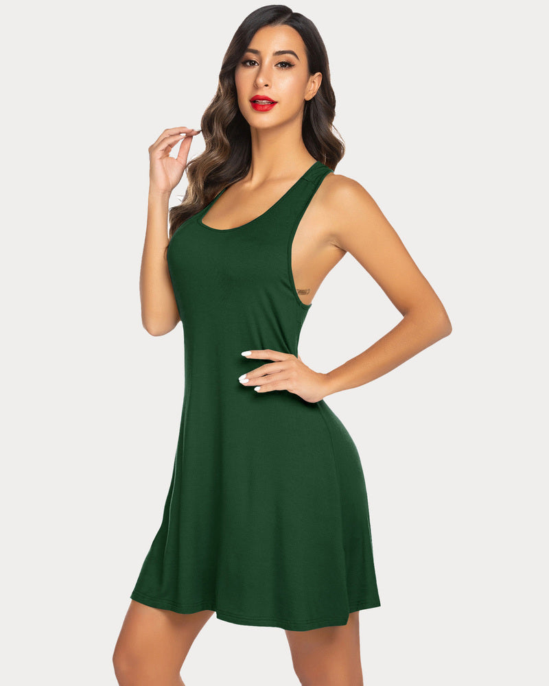 Dark green racerback tank nightgown dress with scoop neck and flared hem