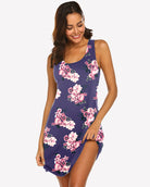 Sleeveless racerback sleep dress in dark blue with pink floral print, side slit