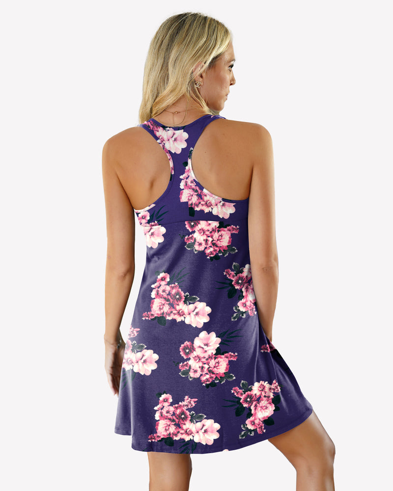Back view of racerback sleep dress in dark blue with pink floral print