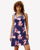 Racerback sleep dress in dark blue with pink floral print, sleeveless shift