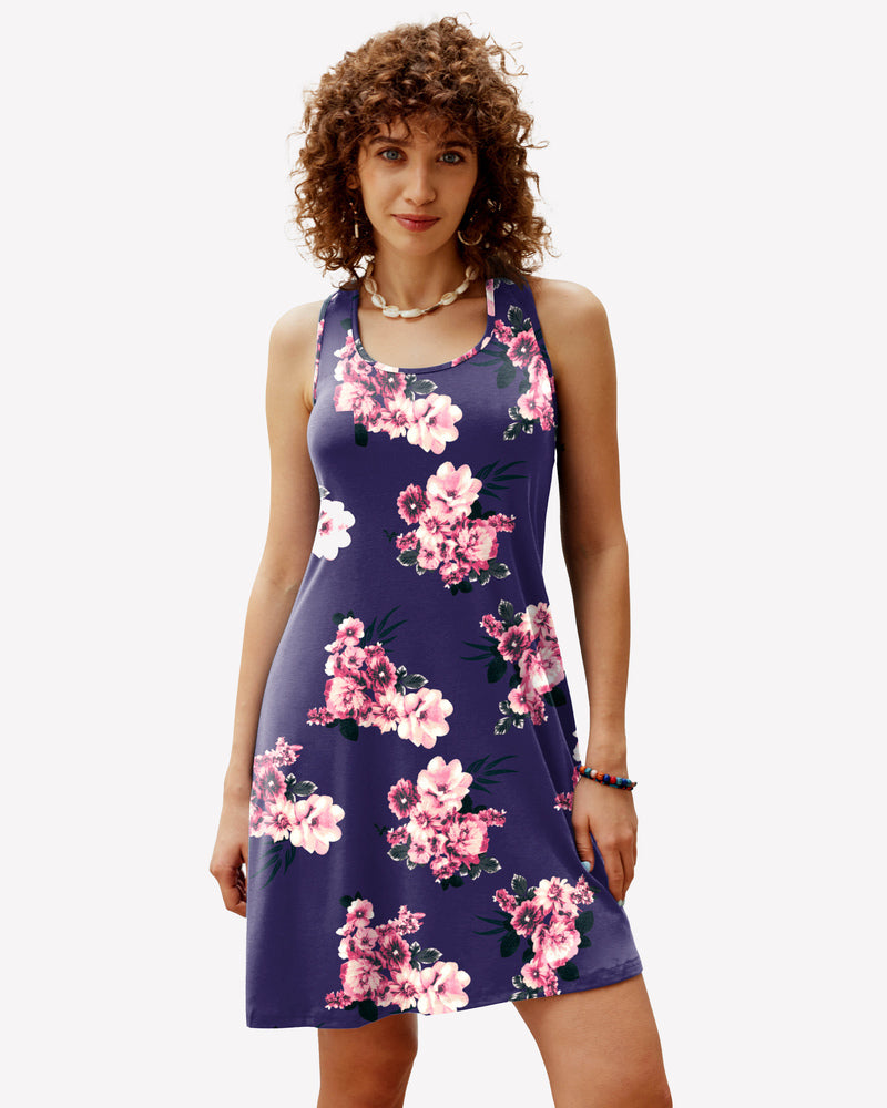Racerback sleep dress in dark blue with pink floral print, sleeveless shift