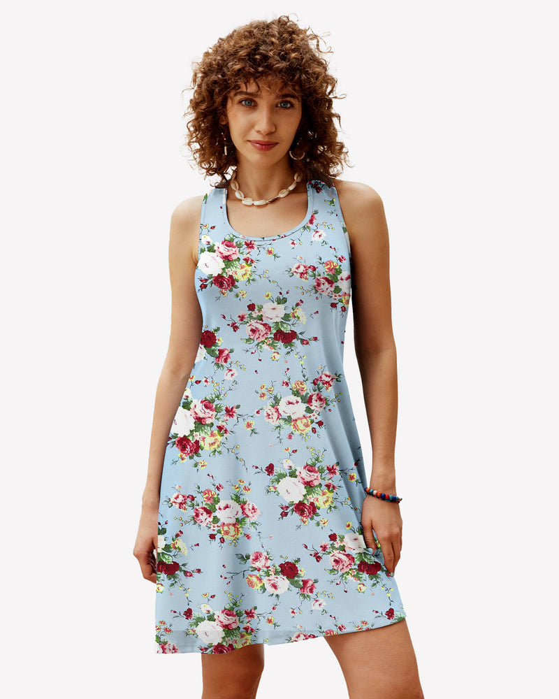 Racerback sleep dress in light blue with red and pink floral print, sleeveless