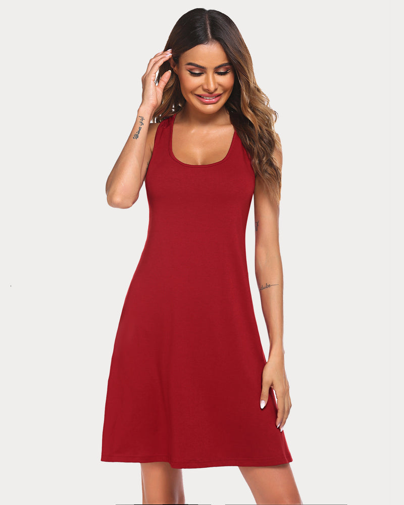 Red racerback tank nightgown dress with scoop neckline and A-line skirt