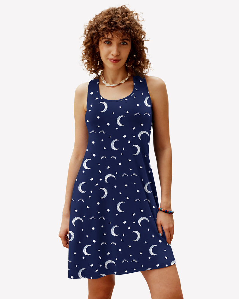 Navy racerback sleep dress with moon and star print, sleeveless cut and flared hem