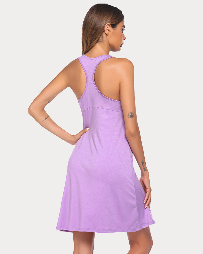Racerback tank nightgown dress in light purple, open racerback, back view