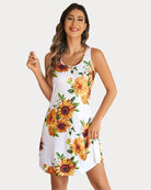 White racerback sleep dress with sunflower print, sleeveless scoop neck