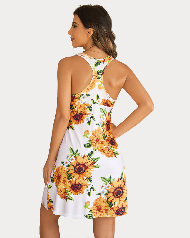 Racerback printed sleep dress, back view with sunflower floral print