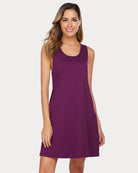 Racerback tank nightgown dress in deep purple, sleeveless scoop neck, above-knee hem
