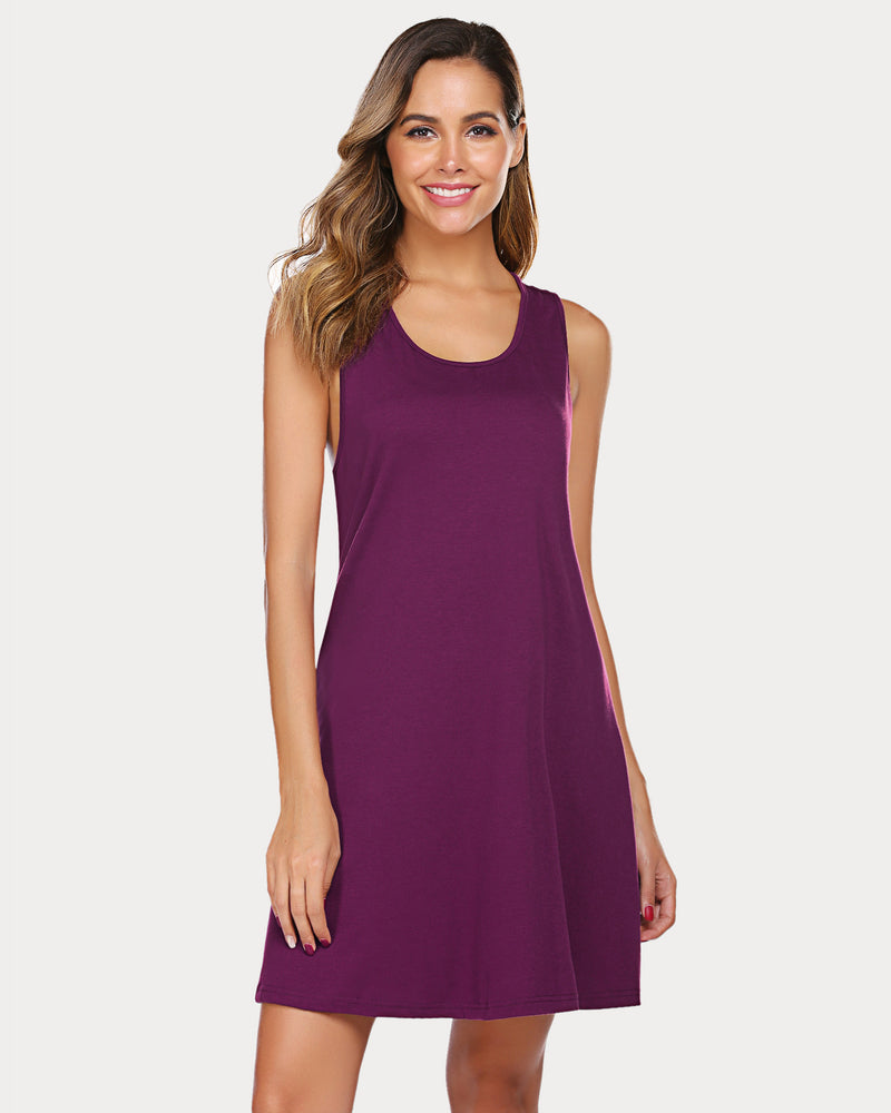 Racerback tank nightgown dress in deep purple, sleeveless scoop neck, above-knee hem