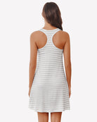 Gray striped racerback sleep dress shown from back, sleeveless with open-back racer cut
