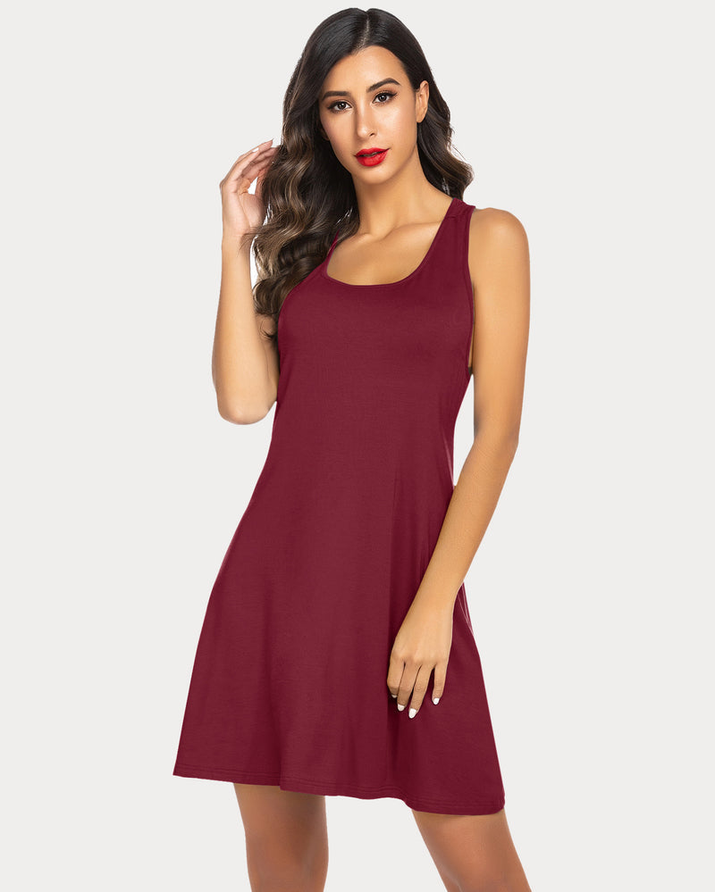 Racerback tank nightgown dress in wine red, sleeveless scoop neck, above-knee hem