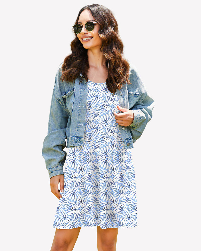 Racerback sleep dress with blue and white leaf print, sleeveless shift length