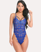 Blue lace bodysuit with scallop trim and floral appliqué, thin adjustable straps