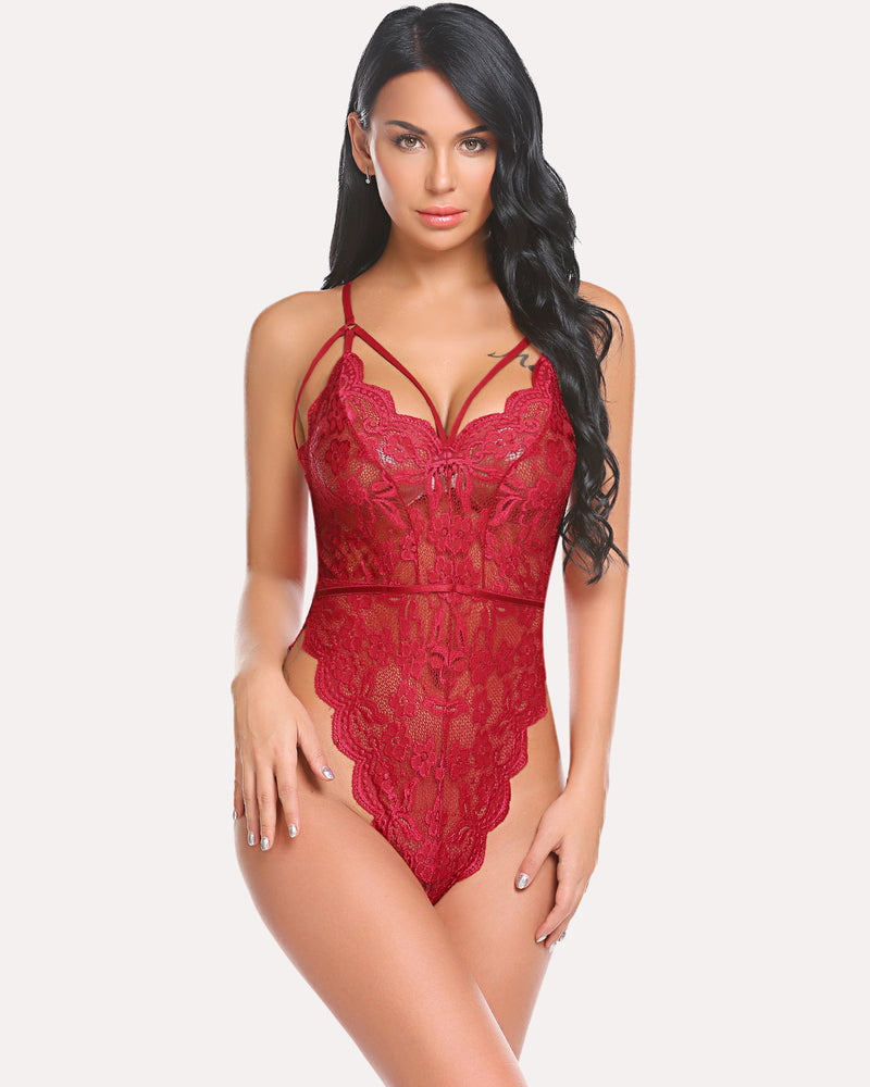Wine red floral lace bodysuit with scalloped trim, V-neck and thin spaghetti straps