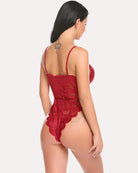 Wine red floral lace bodysuit, open back with thin straps and scalloped lace hem